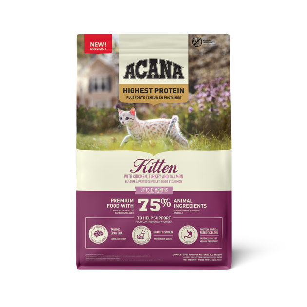 Сухий корм для кошенят Acana ACANA CAT HIGHEST PROTEIN KITTEN з куркою, індичкою та лососем, 1.8 кг - Фото 1 Сухий корм для кошенят Acana ACANA CAT HIGHEST PROTEIN KITTEN з куркою, індичкою та лососем, 1.8 кг - изображение 1