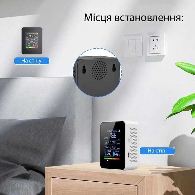 Цифровой анализатор качества воздуха 5 в 1 датчик температуры, влажности, уровня CO2, TVOC и HCHO 1200 мА, черный с белым (86287571) - изображение 3