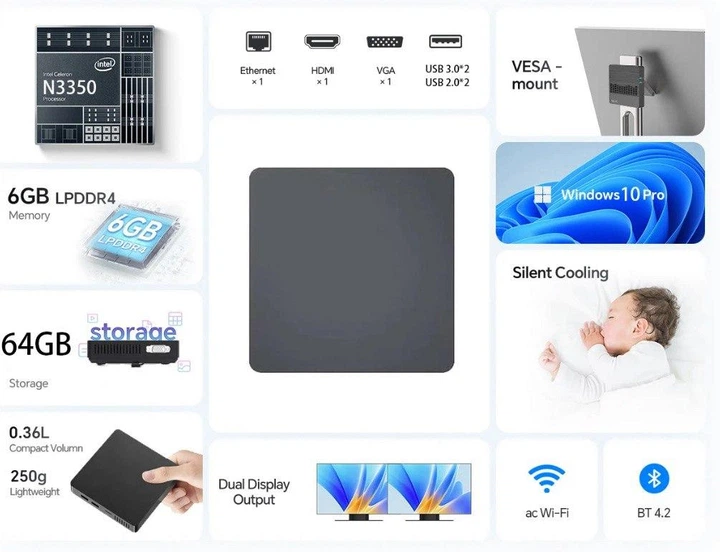 Міні ПК SOYO M2 Mini PC Intel N3350 / 6GB RAM / 64GB ROM / Windows