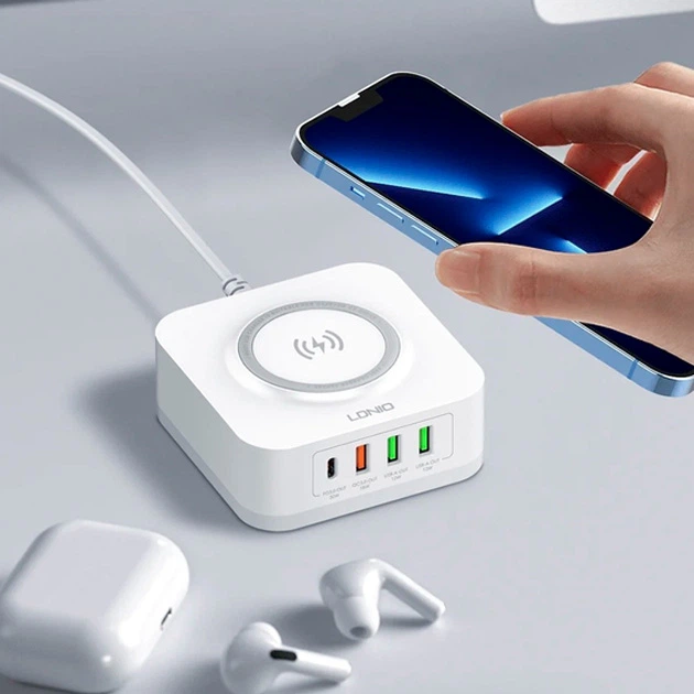 Бездротове зарядне пристрій Ldnio AW004 3хUSB/Type-C QC PD 32W Wireless 15W для смартфонів/навушників Білий - зображення 6