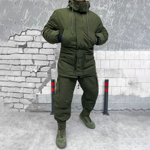 Зимняя Мужская Форма Куртка + Брюки с подтяжками с флисовой подкладкой олива размер L - изображение 2