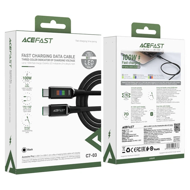 Кабель синхронізації та заряджання ACEFAST C7-03 Type-C to Type-C 5A, 100W, 1.2m, nylon, zinc connectors, LED, Black - Фото 4 Кабель синхронізації та заряджання ACEFAST C7-03 Type-C to Type-C 5A, 100W, 1.2m, nylon, zinc connectors, LED, Black - зображення 4