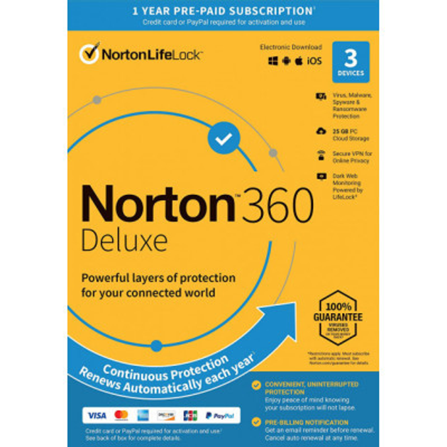 Антивирус Norton by Symantec NORTON 360 DELUXE 25GB 1 USER 3 DEVICE 12M (21409592) - изображение 1