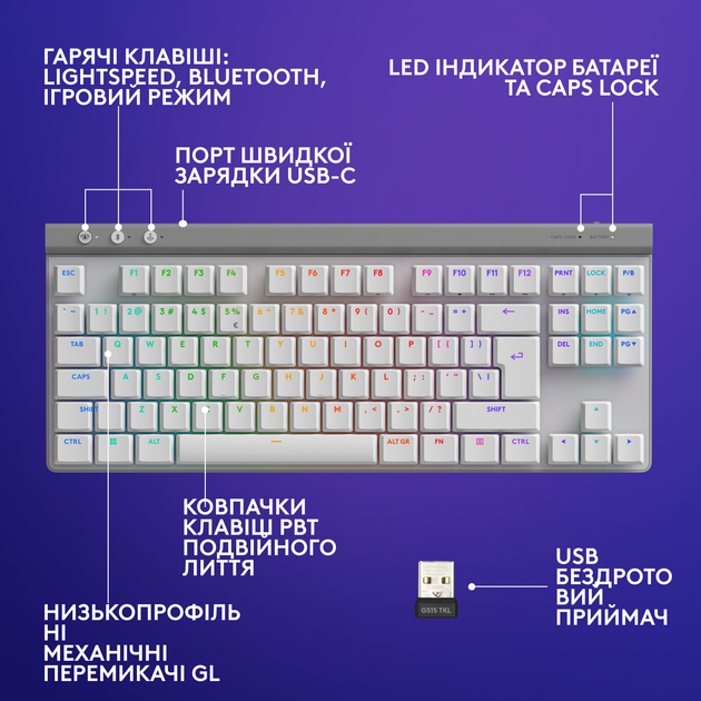 Клавіатура бездротова Logitech G515 Lightspeed White (920-012539) - зображення 7