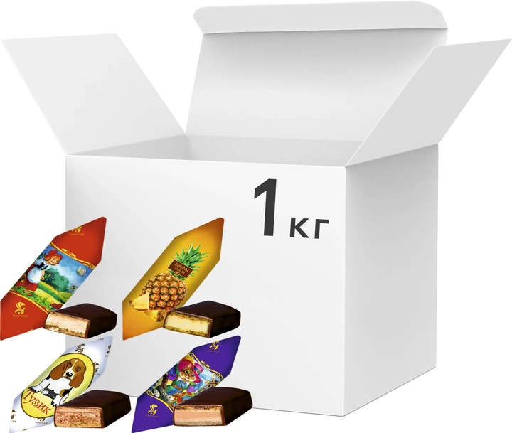 Упаковка конфет Bayan Sulu Шоколадно-вафельное ассорти: Ананасные, Красная Шапочка, Кот в сапогах, Тузик 1 кг (2220100001282) 
