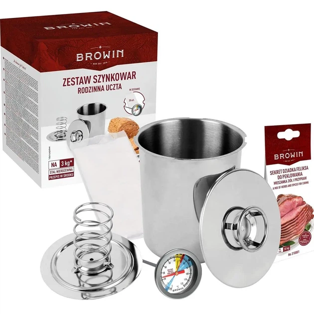 Ветчинница Browin на 3 кг мяса с термометром, пакетами и специями - Фото 3 Ветчинница Browin на 3 кг мяса с термометром, пакетами и специями - изображение 3