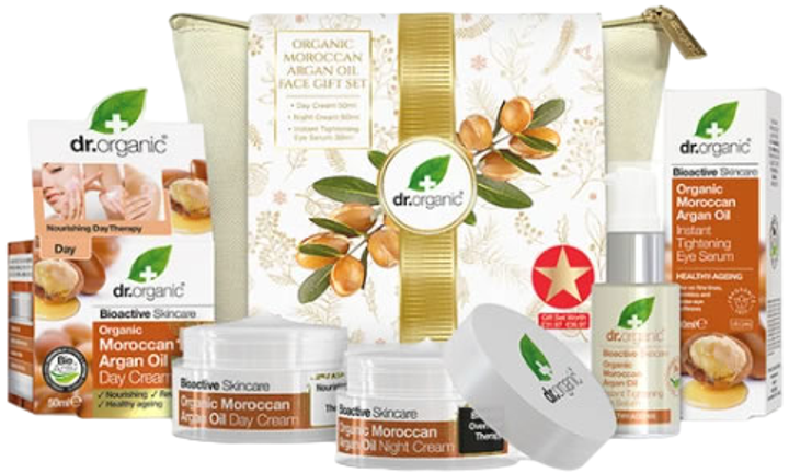 Zestaw do pielęgnacji twarzy Dr. Organic Moroccan Argan Oil Face Krem na dzień 50 ml + Krem na noc 50 ml + Serum do skóry wokół oczu 30 ml + Kosmetyczka (5060391846521) - obraz 1