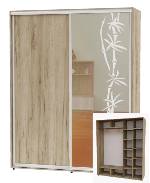Шкаф-купе двухдверный Алекса 190*45*230 Дуб крафт серый ДСП/Зеркало с пескоструйным рисунком - Фото 1 Шкаф-купе двухдверный Алекса 190*45*230 Дуб крафт серый ДСП/Зеркало с пескоструйным рисунком - изображение 1
