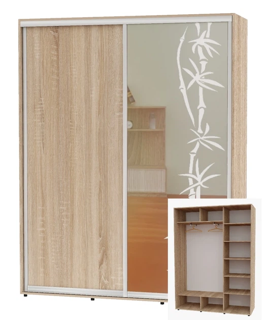 Шкаф-купе двухдверный Алекса 180*45*230 Дуб Сонома ДСП/Зеркало с пескоструйным рисунком - Фото 1 Шкаф-купе двухдверный Алекса 180*45*230 Дуб Сонома ДСП/Зеркало с пескоструйным рисунком - изображение 1
