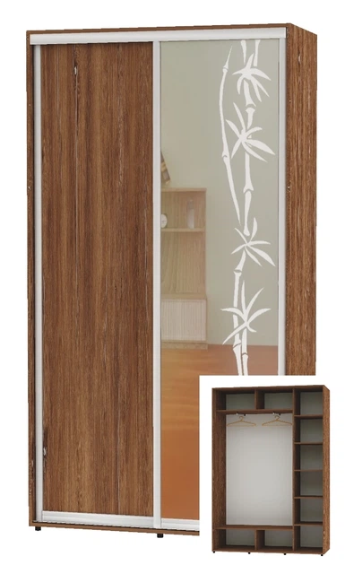 Шкаф-купе двухдверный Алекса 150*45*230 Дуб винтаж ДСП/Зеркало с пескоструйным рисунком - Фото 1 Шкаф-купе двухдверный Алекса 150*45*230 Дуб винтаж ДСП/Зеркало с пескоструйным рисунком - изображение 1