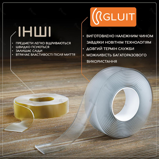 Багаторазова клейка Нано тейп, стрічка Gluit 1 м, товщина 2 мм, ширина 20 мм. Nano tape - изображение 7