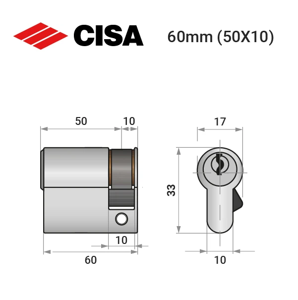 Цилиндр половинка CISA C2000 60 (50*10) никель матовый 3 ключа - изображение 7