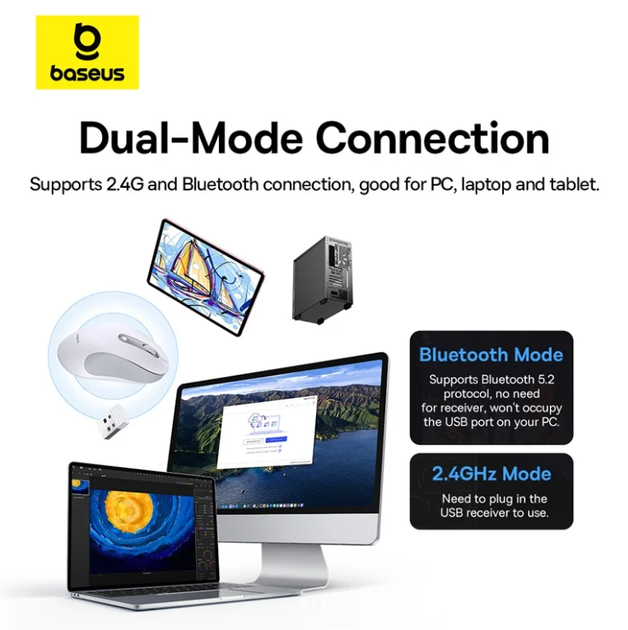 Беспроводная мышь Baseus F02 Ergonomic Wireless Mouse 2.4G Bluetooth 4000DPI Black - изображение 8