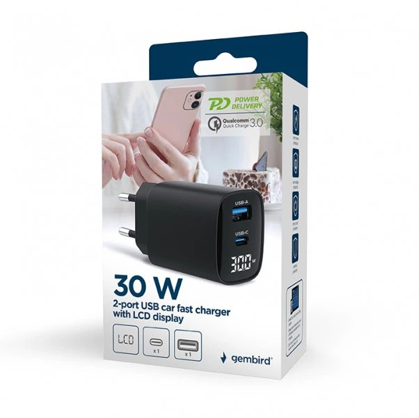 Сетевое ЗУ Gembird TA-UC-PDQC30LCD-BK-01, 1 USB-A (QC3.0 18W) + 1 Type-C (PD20W), LCD, черный - изображение 6