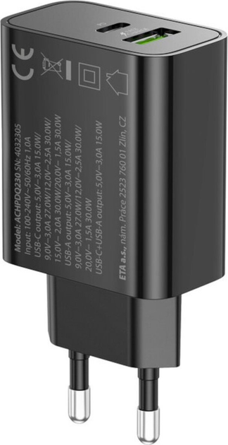 Ładowarka sieciowa GoGEN ACHPD230 1 x USB-C + 1 x USB-A 30 W Black (GOG-ACHPDQ230B) - obraz 3