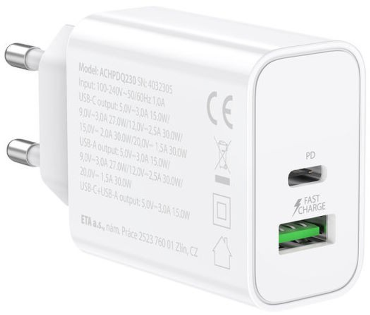 Мережевий зарядний пристрій GoGEN ACHPD230 1 x USB-C + 1 x USB-A 30 W White (GOG-ACHPDQ230W) - зображення 2