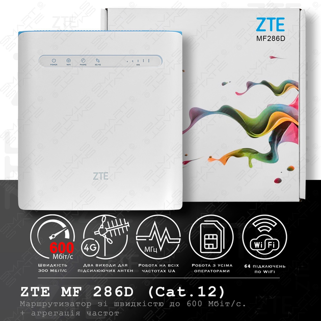 4G LTE WiFi бездротовий маршрутизатор ZTE MF286D LTE-Advanced | Швидкість до 600 Мбіт/с (Cat.12) + агрегація частот | Виходи під антену | Підтримка до 64 пристроїв | Київстар, Лайфселл, Водафон. - зображення 1