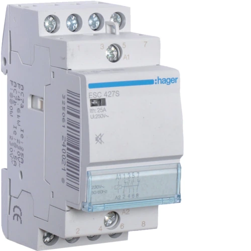 Контактор модульный бесшумный Hager ESC427S 25A 2НО+2НЗ 230В (3772) - Фото 1 Контактор модульный бесшумный Hager ESC427S 25A 2НО+2НЗ 230В (3772) - изображение 1