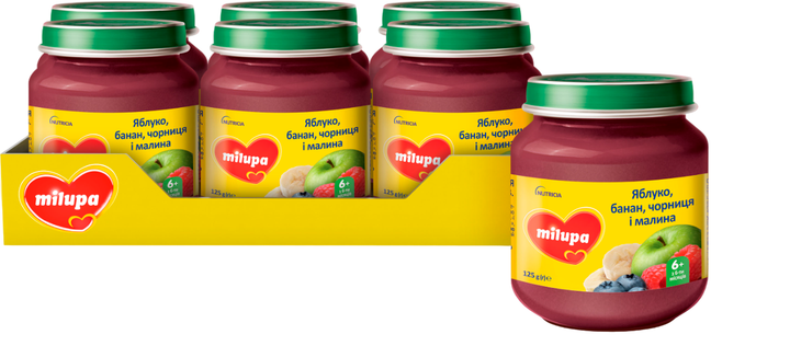 Упаковка фруктового пюре Milupa Яблоко-банан-черника-малина с 4 месяцев 6 шт х 125 г (5900852051579) 
