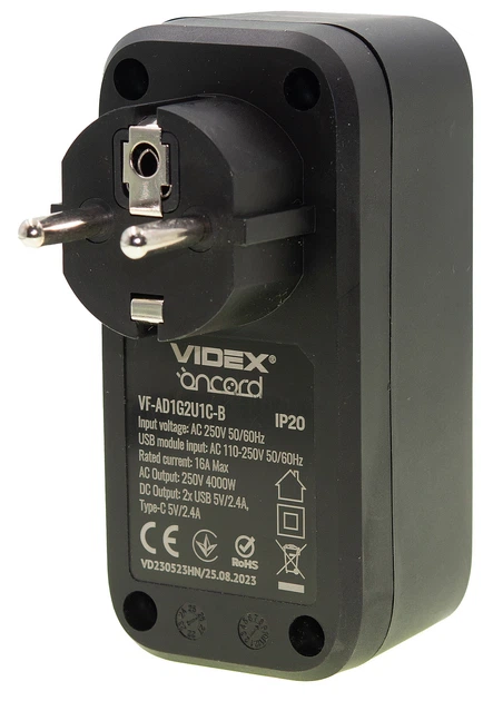 Мережевий адаптер VIDEX ONCORD з/з 1п 2.4A 2USB+USB-C Black VF-AD1G2U1C-B - зображення 2