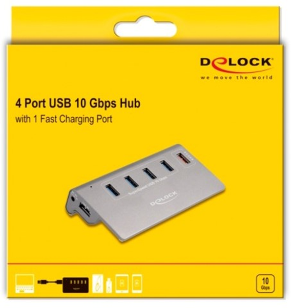 USB-хаб Delock USB 10 Gbps Hub with 4 USB Type-A Ports + 1 Fast Charging Port Power Supply Grey (4043619641826) - зображення 4