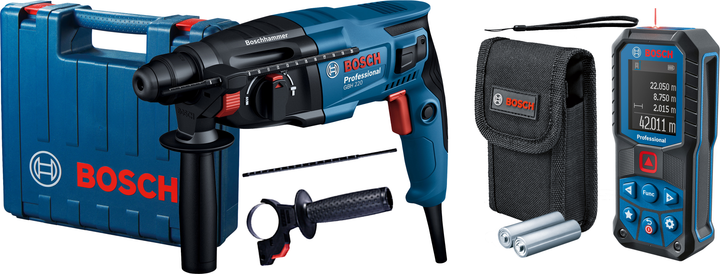 Набор Перфоратор сетевой Bosch Professional GBH 220, 720 Вт, 2дж, 4800 уд.мин, чемодан (06112A6020) + Лазерный дальномер Bosch Professional GLM 50-22 с чехлом и батарейками (0601072S00) - изображение 1
