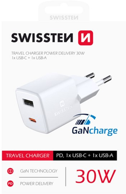 Ładowarka Swissten GaN USB-C + USB-A 30W White (22056100) - obraz 1