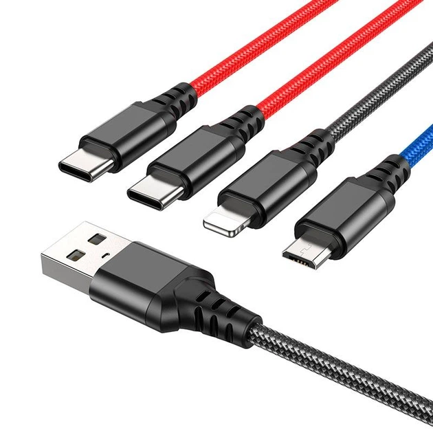 Кабель HOCO Combo 4-in-1 2Type-C+Lightning+Micro USB Super charging cable X76 |1M, 2A| 4758027 - Фото 2 Кабель HOCO Combo 4-in-1 2Type-C+Lightning+Micro USB Super charging cable X76 |1M, 2A| 4758027 - изображение 2