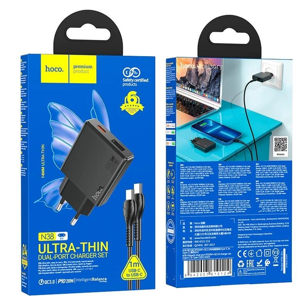 Адаптер сетевой HOCO Type-C to Type-C Delgado dual port charger N38 |1USB/1Type-C, 20W/3A, PD/QC| - Фото 2 Адаптер сетевой HOCO Type-C to Type-C Delgado dual port charger N38 |1USB/1Type-C, 20W/3A, PD/QC| - изображение 2