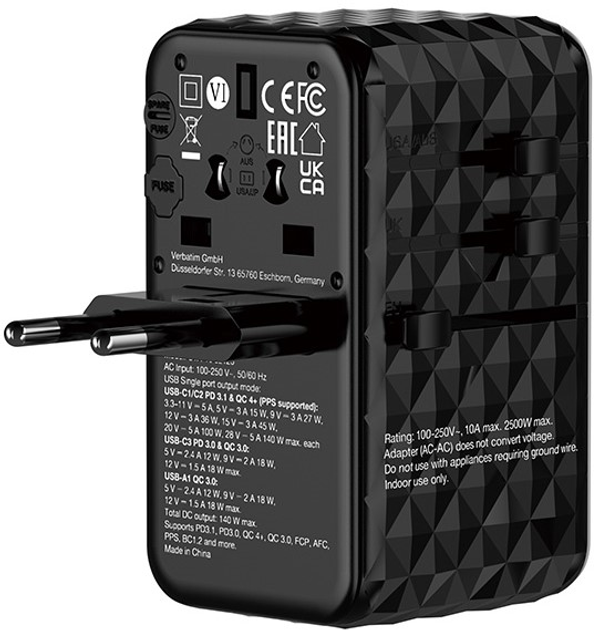 Uniwersalny adapter podróżny Verbatim 2 x USB-C PD QC 4+1xUSB-C PD 3.0 1 x USB-A QC 140W Czarny (0023942321255) - obraz 4