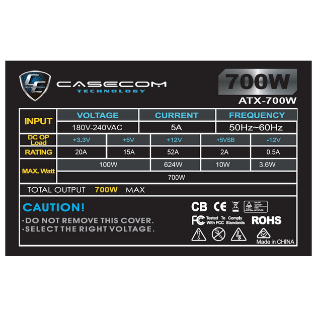 Блок питания 700W Casecom, 120mm, 4хSATA, Bulk - изображение 3