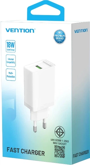 Зарядний пристрій Vention 1xUSB 18W (USB-A) QC3.0 Білий (FABW0-EU) - Фото 6 Зарядний пристрій Vention 1xUSB 18W (USB-A) QC3.0 Білий (FABW0-EU) - зображення 6