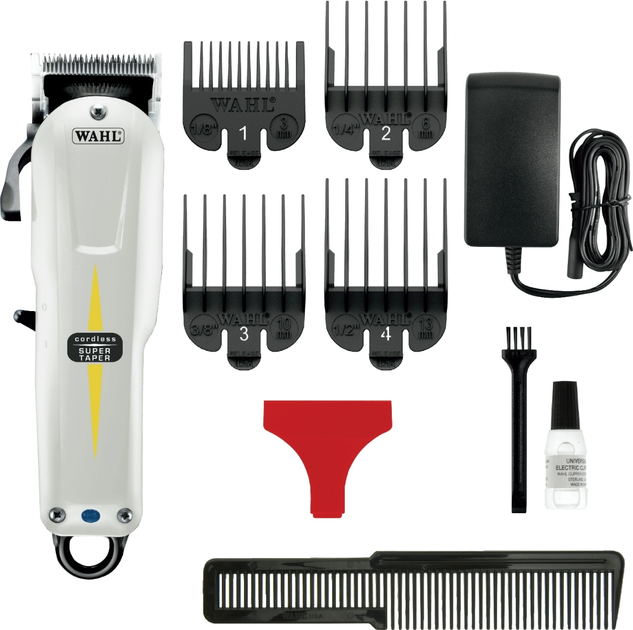 Машинка для стрижки WAHL Super Taper Cordless, акум., роторний мотор, насадок-4, гребінець, олія в компл, сталь, білий - зображення 3