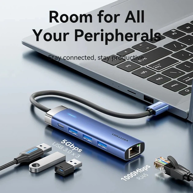 Хаб USB 3.0 -> 3xUSB 3.0/RJ45/USB-C Hub Blue Aluminum Alloy 5-in-1 Vention - зображення 6