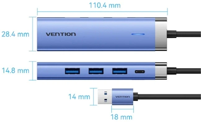 USB-хаб Vention USB3.0 USB 3.0x3/RJ45/USB-C Hub Blue Aluminum Alloy (TGFSB) - зображення 4