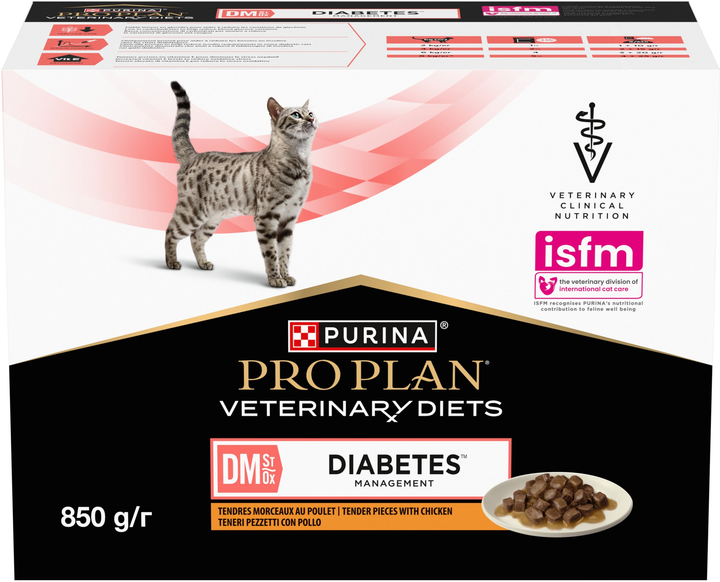 Упаковка вологого дієтичного корму для дорослих котів Purina Pro Plan DM ST/OX Diabetes Managment для регулювання надходження глюкози (цукровий діабет) шматочки у підливці з куркою 85 г х 10 шт (8445290093493) - зображення 1