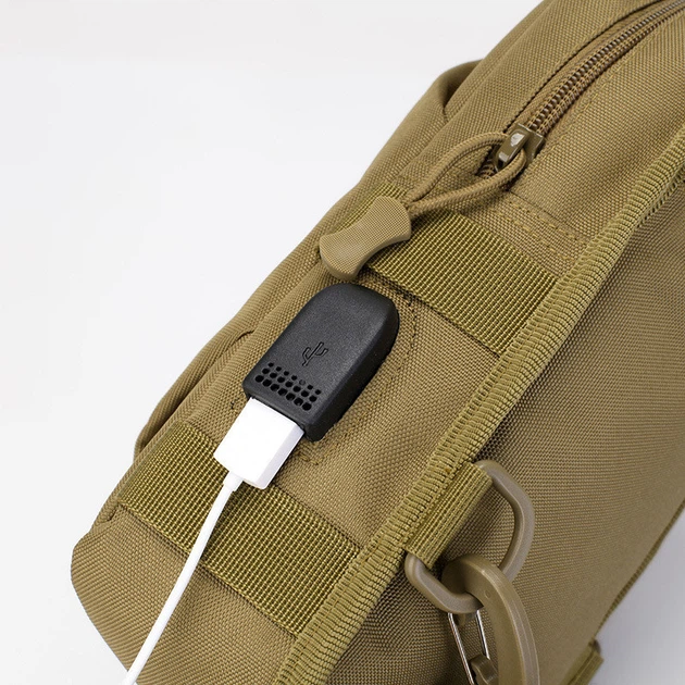 Сумка через плече, водонепроникна слинг-сумка з кордури, USB вихід, колір: койот - зображення 6
