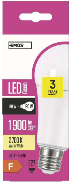 Лампа світлодіодна Emos Lighting 17.6W 2700K 220-240V E27 Теплий білий A67 (8592920075470) - зображення 1