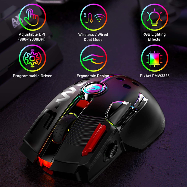Беспроводная игровая мышь UrChoiceLtd X6 PRO, ультралегкая, сенсор Pixart PAW3325, до 12000 DPI, 2,4G/USB-C, 6 программируемых кнопок, аккумулятор 1000 мАч, для ПК/MAC/PS4/XBOX (черный) - изображение 2