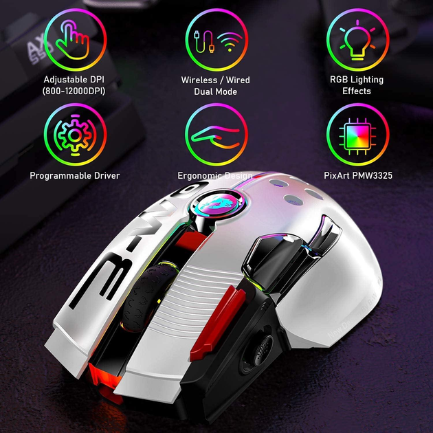Беспроводная игровая мышь UrChoiceLtd X6 PRO, ультралегкая, сенсор Pixart PAW3325, до 12000 DPI, 2,4G/USB-C, 6 программируемых кнопок, аккумулятор 1000 мАч, для ПК/MAC/PS4/XBOX (белый) - изображение 2