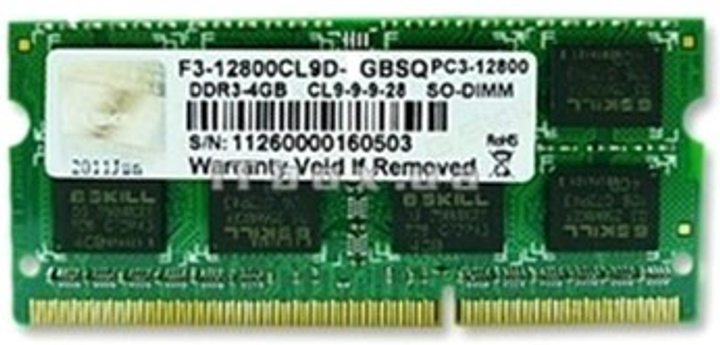 Оперативна пам'ять G.Skill SODIMM DDR3-1600 4096MB PC3-12800 (F3-12800CL9S-4GBSQ) (955555904146675) - Уцінка - зображення 1