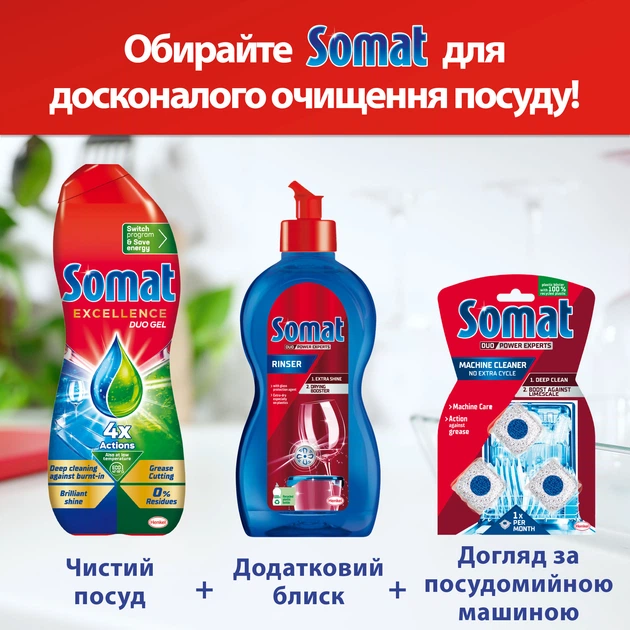 Упаковка гелей для мытья посуды в посудомоечной машине Somat Exellence Duo Gel Антижир 684 мл + 684 мл (9000101819199/9000101850024) - Фото 12 Упаковка гелей для мытья посуды в посудомоечной машине Somat Exellence Duo Gel Антижир 684 мл + 684 мл (9000101819199/9000101850024) - изображение 12
