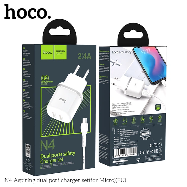 Адаптер мережевий Hoco Micro USB cable Aspiring dual port charger set N4 |2USB, 2.4A| - Фото 2 Адаптер мережевий Hoco Micro USB cable Aspiring dual port charger set N4 |2USB, 2.4A| - изображение 2