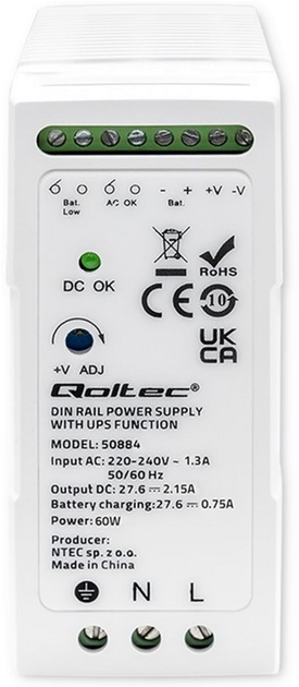 Блок живлення на DIN-рейку Qoltec з функцією ДБЖ 60 Вт, 27.6 В, 1.45 A White (5901878508849) - зображення 2