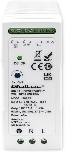 Zasilacz na szynę DIN Qoltec z funkcją UPS 40W, 27.6V, 1.45A White (5901878508856) - obraz 2