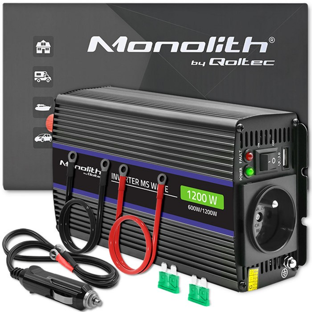 Przetwornica samochodowa Qoltec Monolith 1200 MS Wave 600 W/1200 W 12 V na 230 V (5901878519258) - obraz 7
