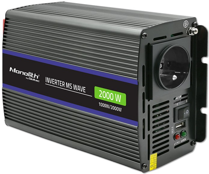 Przetwornica samochodowa Qoltec Monolith 2000 MS Wave 1000 W/2000 W 12 V na 230 V (5901878519265) - obraz 1