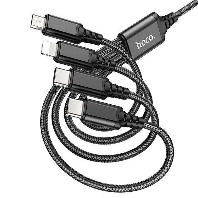 Кабель Hoco Combo 4-in-1 2type-C+Lightning + Micro USB Super charging cable X76 |1M, 2A| black - Фото 7 Кабель Hoco Combo 4-in-1 2type-C+Lightning + Micro USB Super charging cable X76 |1M, 2A| black - изображение 7