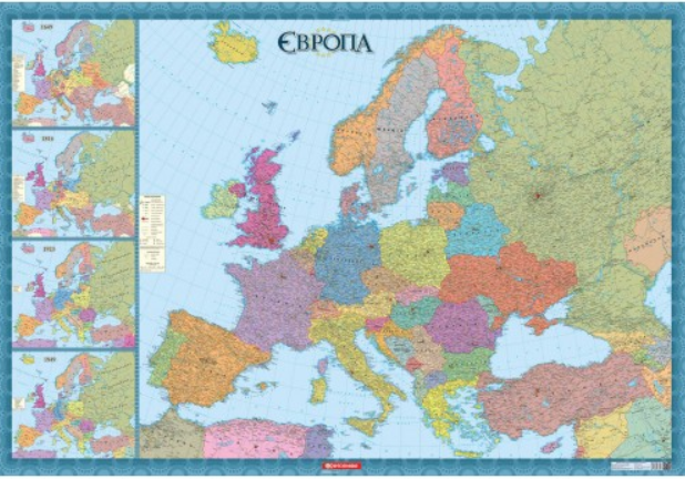 Європа Політична (1:4 000 000) картон на планках (з врізками) - Фото 1 Європа Політична (1:4 000 000) картон на планках (з врізками) - зображення 1