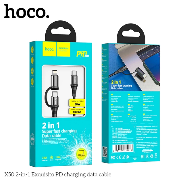 Кабель Hoco Combo 2-in-1 Type-C to Type-C / Lightning Exquisito PD charging cable X50 |1m, 3A, 60W| black - Фото 4 Кабель Hoco Combo 2-in-1 Type-C to Type-C / Lightning Exquisito PD charging cable X50 |1m, 3A, 60W| black - изображение 4